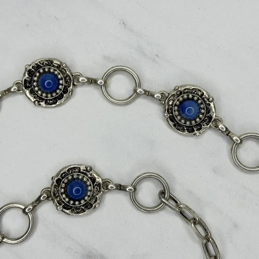 Vintage Blue Cabochon Silver Chain Belt M/L ✨